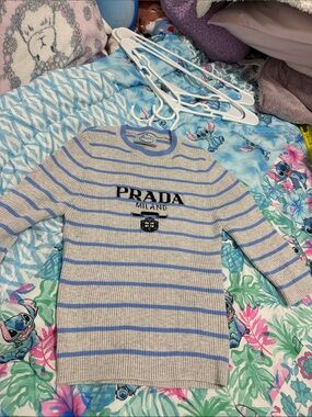 Prada stretch Cream Crewneck Sweater with Light Blue Stripes size 38- S-M